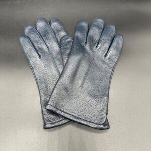 Vintage Blue Leather Gloves Women Lined Black Winter Retro Soft 8.5 / 9